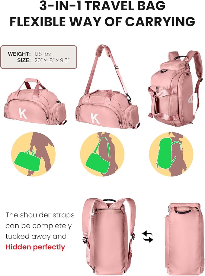 Gifts for Teenage Girls, Initial Gym Bags with Shoe Compartment, Dance Bag for Girls, Monogram Kid Overnight Bags, Ballet Sport Gymnastics Cheer Travel Duffle Tote (Letter K)