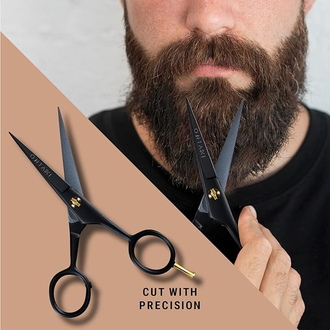 Ontaki Professional Beard Scissors for Men - 5 in Hand-Forged Black 410C German Steel - Includes 2 Combs & PU Pouch - Beard & Mustache Grooming Kit