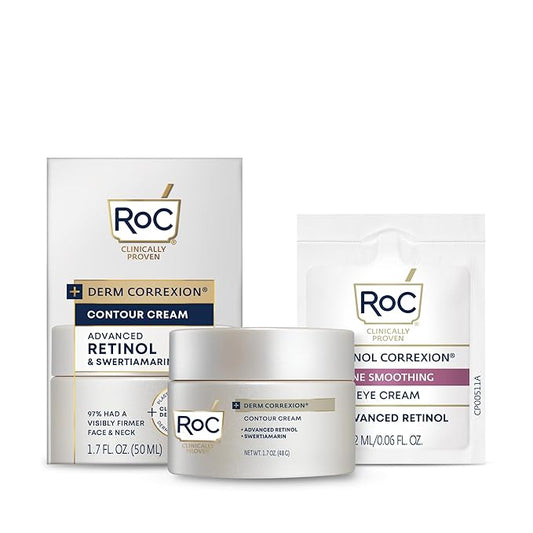 RoC Derm Correxion Neck Cream with Hyaluronic Acid + Advanced Retinol to visibly Tighten & Lift Horizontal Neck Lines, Facial Moisturizer to Contour Face (1.7 oz) with RoC Retinol Eye Packette