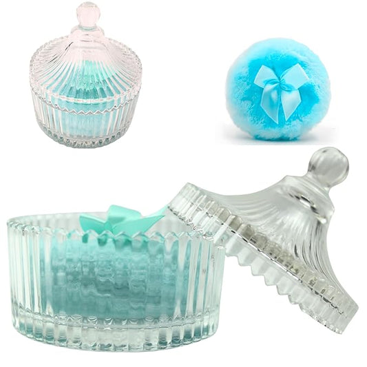 2 Pcs Large Body Powder Puff and Container Powder with Puff Powder Puff Crystal Container Soft Washable Reusable Velour Face Body Glitter Powder Puff Wet Dry Makeup (Clear Heart)