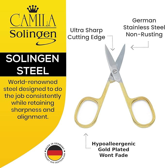 CS02 3 1/2" Professional Hypoallergenic Gold Plated Manicure & Pedicure Sharp Curved Nail Cutting Scissors. Made of Durable Stainless Steel in Solingen, Germany