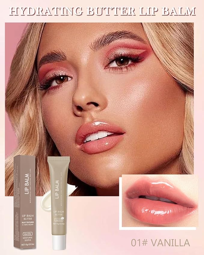 Lip Balm Butter Vanilla,Hydrating Tinted Butter Lip Gloss,Clear Lip Mask Lip Care Moisturizer,Lip Treatment Balm,Non-Sticky Glow Reviver Fat Lip Oil Lipgloss,Christmas Makeup Gift for Women-01