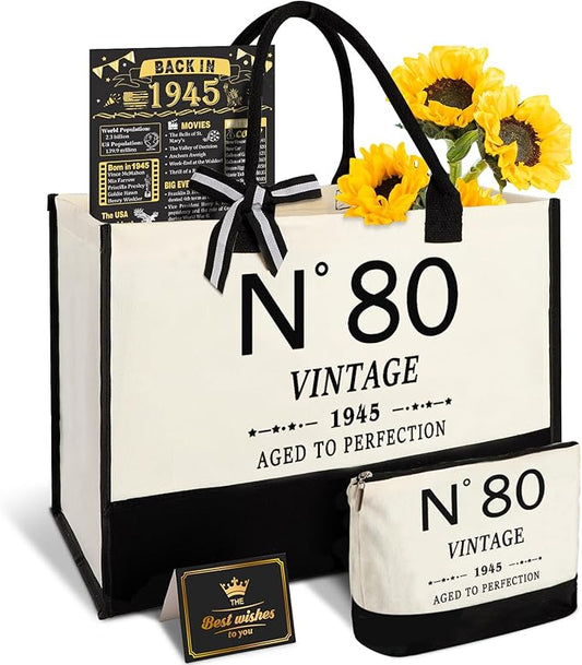 80th Birthday Gifts for Women Canvas Tote Bag Travel Gear, Unique 80 Years Old Gifts for Wife Sister Mom Aunt Friends Her, Vintage N°80 Handbag & Cosmetic Bag & Back in 1945 Poster