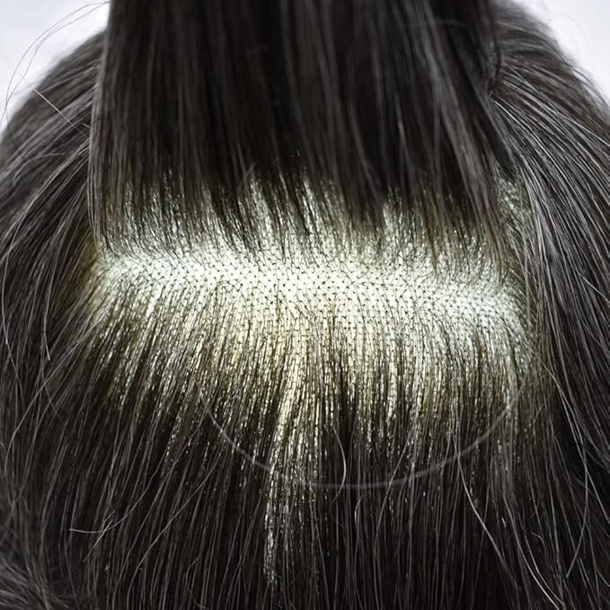 Mens Toupee Human Hair Piece French Lace Toupee for Man Hair System Indian Human Hair Replacement Systems V-Looped PU Front Hairpieces 7"X9" #1B30 1B# OFF BLACK WITH 30% SYNTHETIC GREY