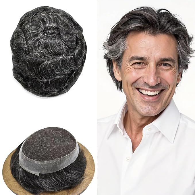 Mens Toupee Human Hair Piece French Lace Toupee for Man Hair System Indian Human Hair Replacement Systems V-Looped PU Front Hairpieces 7"X9" #1B30 1B# OFF BLACK WITH 30% SYNTHETIC GREY