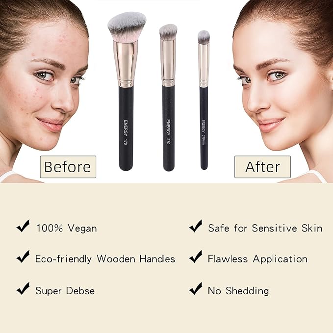 ENERGY Makeup Brush Set Professional 3pcs Foundation Concealer Detail Brushes Soft Synthetic Bristles Vegan Face Makeup Brushes for Liquid Cream Powder Flawless Blending Buffing with Travel Case