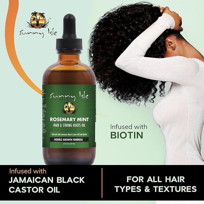Sunny Isle Rosemary Mint Hair and Strong Roots Oil 4oz | Infused with Biotin & Jamaican Black Castor Oil | Strengthen and Nourish Hair Follicles | Dry Scalp, Split Ends