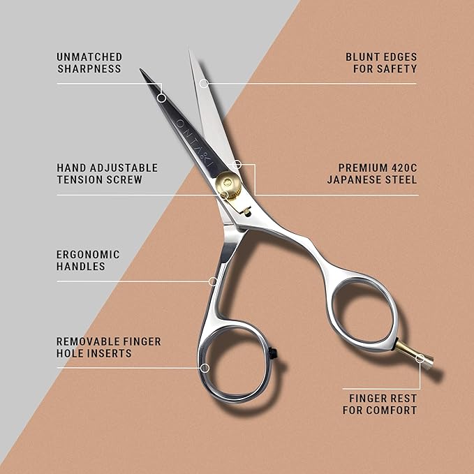 Ontaki Hair Scissors for Beard & Mustache - 5.5" 420C Japanese Steel, Silver, Right Hand - Hand-Forged Hair Cutting Scissors with Ergonomic Handles - Includes Beard Comb with Handle & PU Leather Pouch