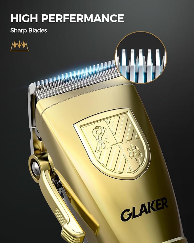 GLAKER Hair Clippers for Men,Professional Mens Hair Clippers Cordless Clippers for Hair Cutting,Precision Trimmer Kit Zero Gap Trimmer with LED Display 15 Guide Combs (Gold)