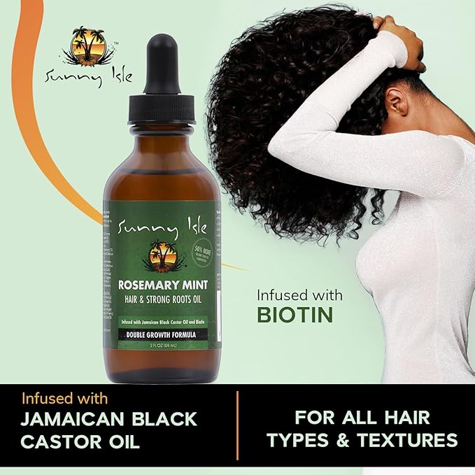 Sunny Isle Rosemary Mint Hair and Strong Roots Oil 3oz | Infused with Biotin & Jamaican Black Castor Oil | Strengthen and Nourish Hair Follicles | Dry Scalp, Split Ends