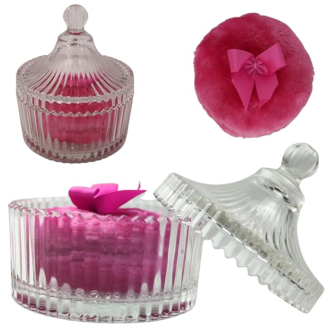 2 Pcs Large Body Powder Puff and Container Powder Container with Puff Powder Puff Crystal Container Soft Washable Reusable Velour Face Body Glitter Powder Puff Wet Dry Makeup (Amber Simple)