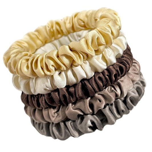 OLESILK Silk Hair Ties for Women: 100% Mulberry Skinny Silk Scrunchies, Soft Smooth No Damage No Crease for Thin Fine Curly Hair 5 Pack, Coffee