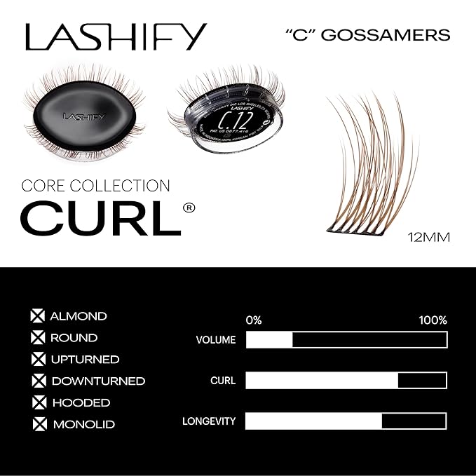 Lashify Curl 12mm Gossamer Eyelash Extensions Refill, Ash Color, DIY False Lashes for a Natural Look