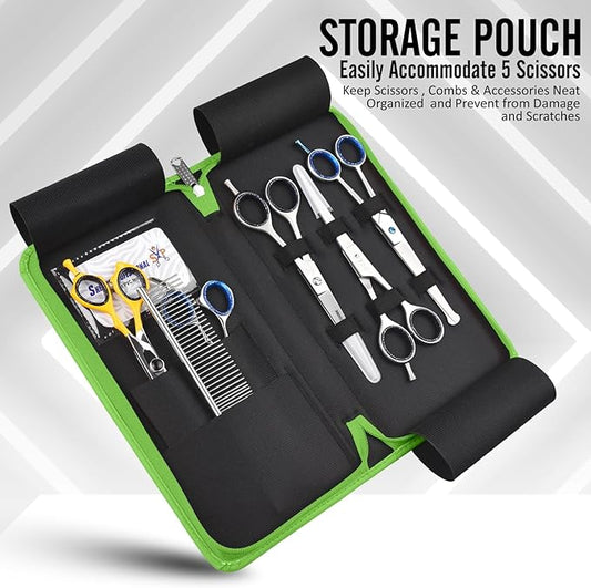 Leather 5 Scissor & Shear Storage Case for Hairstylist - Hairdresser -Scissor Holder Perfect for home-saloon use (Green)