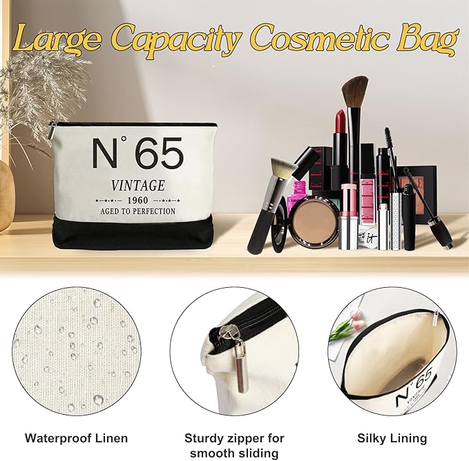 65th Birthday Gifts for Women Canvas Tote Bag Travel Gear, Unique 65 Years Old Gifts for Wife Sister Mom Aunt Friends Her, Vintage N°65 Handbag & Cosmetic Bag & Back in 1960 Poster