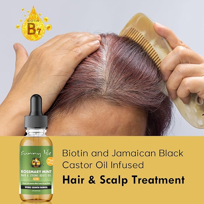 Sunny Isle Rosemary Mint Hair and Strong Roots Oil Lite 2oz | For Light, Thin Hair | Infused with Biotin & Jamaican Black Castor Oil | Nourish Hair Follicles | Dry Scalp, Split Ends
