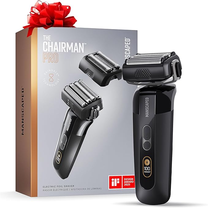 MANSCAPED® The Chairman™ PRO Men’s Electric Foil Face Shaver - Two Interchangeable Blade Heads, SkinSafe® Four-Blade Foil & Stubble Trimmer, USB-C Wireless Compatible Charging, Gentle on Neck