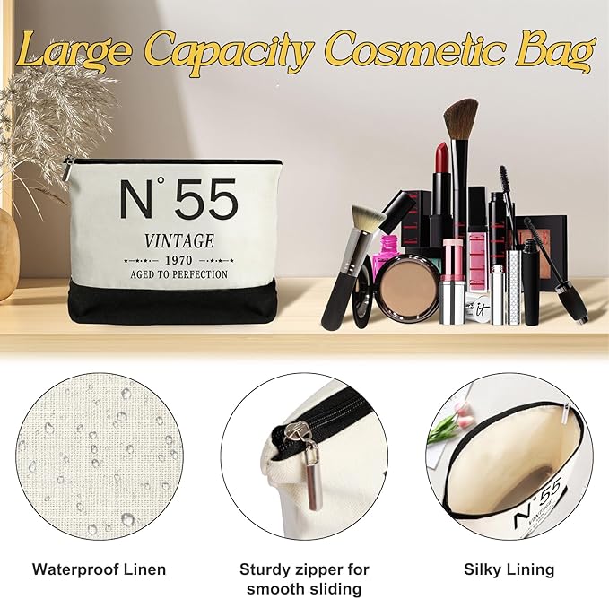 55th Birthday Gifts for Women Canvas Tote Bag Travel Gear,Unique 55 Years Old Gifts for Wife Mom Sister Aunt Friends Her, Vintage N°55 Handbag & Cosmetic Bag & Back in 1970 Poster