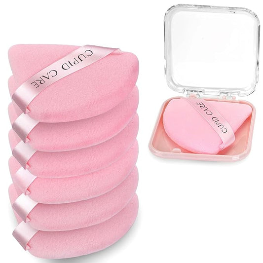 6 Pcs Triangle Powder Puff with 2 Travel Cases, Setting Powder Puffs for Face Powder and Foundation, Velour Makeup Puff for Loose Powder Body Powder, Skin-Friendly, Beauty Makeup Tools