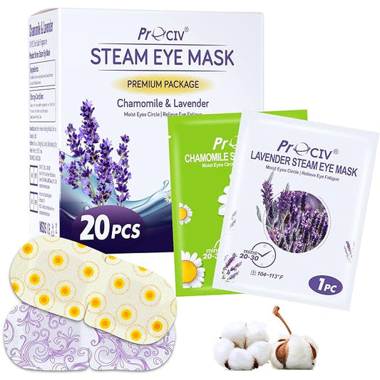 ProCIV 20 Packs Steam Eye Masks, Warming Eye Masks for Dark Circles, Disposable Self-heating Hot Eye Mask Soothing Headache, Dry Eyes, Heating Eye Mask for Stress Eye Fatigue Relief