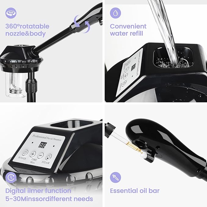 Facial Steamer, Poressional Facial Steamer on Wheels with Timer Function, Ozone Face Steamer for Spa, Salon and at Home Use