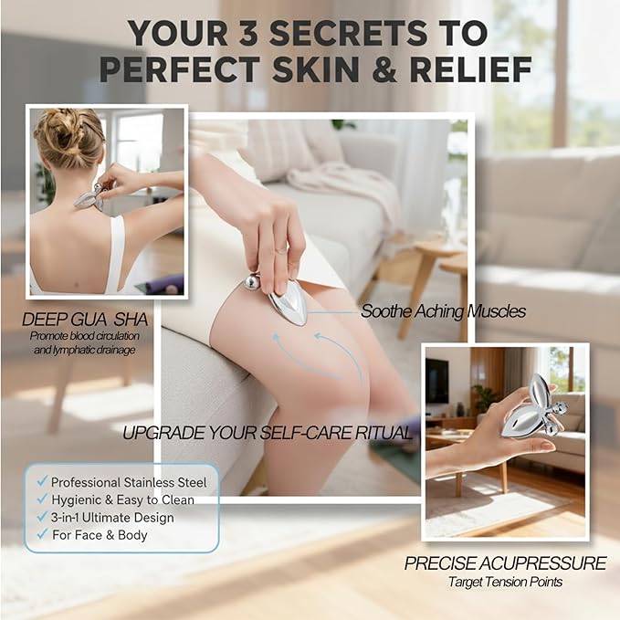 Stainless Steel Gua Sha Facial Tools,3D Butterfly Facial Roller for Women,2-in-1 Guasha Tool for Face Eye Skin Tightening,Body Gua Sha Tool for Lymphatic Drainage&Acupressure