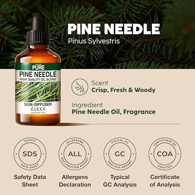 KUKKA Pine Needle Essential Oils - 4 Fl Oz - for Hair, Skin, Diffuser, Aromatherapy & DIY Soap Making Scent