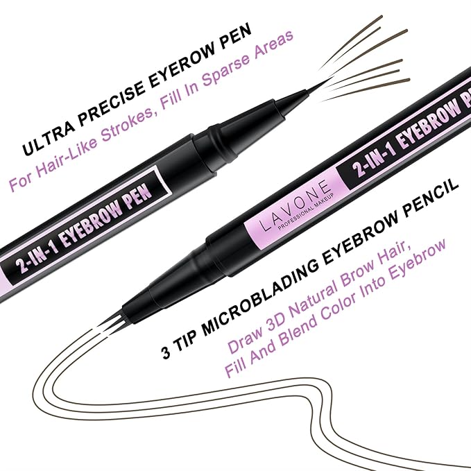 LAVONE Eyebrow Pencil, 2-In-1 Waterproof Eyebrow Pen, with 3 Tip Microblading Eyebrow Pen and Ultra-Precise Brow Pencil, Dual-ended Eyebrow Brush, for Eyebrow Makeup - Ash Brown