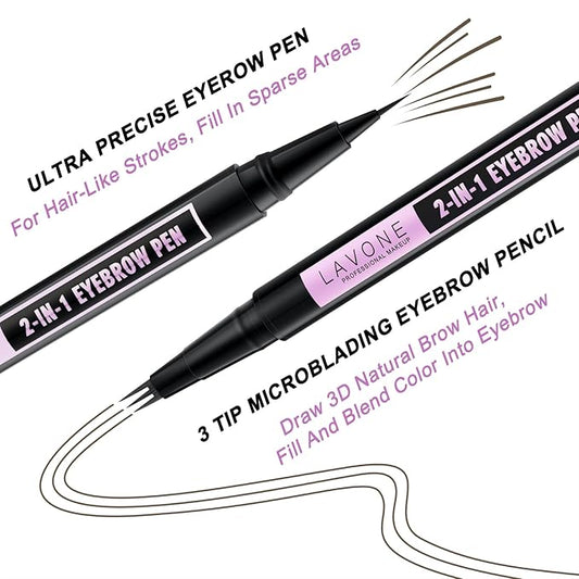LAVONE Eyebrow Pencil, 2-In-1 Waterproof Eyebrow Pen, with 3 Tip Microblading Eyebrow Pen and Ultra-Precise Brow Pencil, Dual-ended Eyebrow Brush, for Eyebrow Makeup - Ash Brown