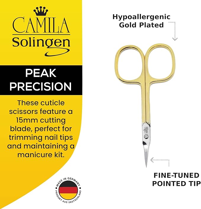 CS04 Professional Nail Cuticle Scissors, Hypoallergenic Gold Plated Sharp Curved Manicure Pedicure Grooming for Finger and Toe Nail Care. Made of Stainless Steel in Solingen, Germany