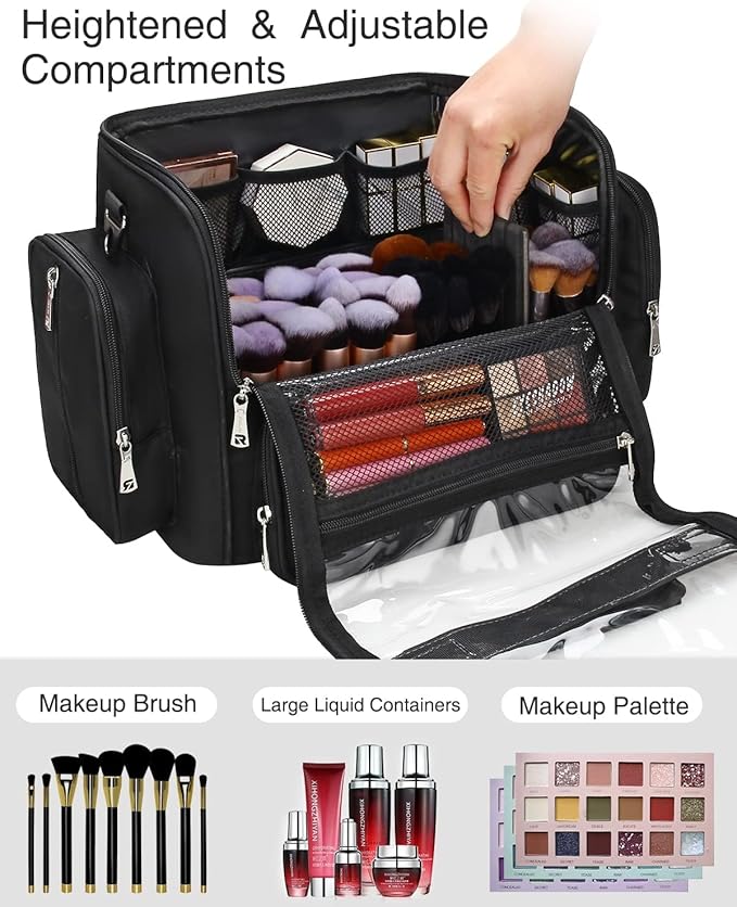 Makeup Brush Bag Extra Large Makeup Brush Case with 4 small bags Professional Makeup Artist Brush Holder Stand Up Organizer for Travel with Adjustable Dividers and Shoulder Strap