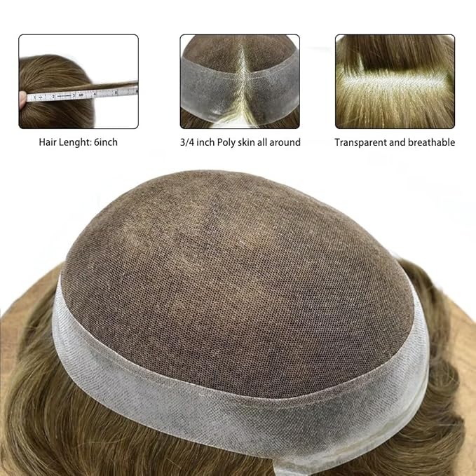 FACE MIRACLE Hair System for Men French Lace Mens Toupee Human Hair Replacement System Lace with PU Toupee for Men Male Hair Piece Wigs 6"X8" 7# VERY LIGHT BROWN