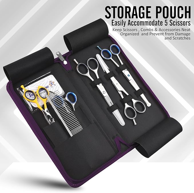 Leather 5 Scissor & Shear Storage Case for Hairstylist - Hairdresser -Scissor Holder Perfect for home-saloon use (Purple)