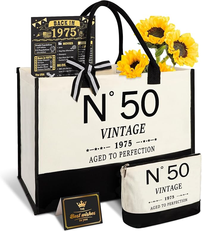 50th Birthday Gifts for Women Canvas Tote Bag, Unique 50 Years Old Gifts for Wife Sister Mom Aunt Friends Her, Vintage N°50 Handbag & Cosmetic Bag & Back in 1975 Poster