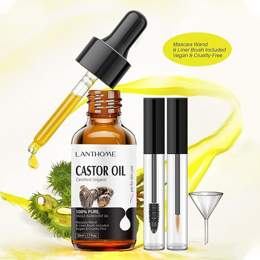 Lanthome Organic Castor Oil Cold Pressed Certified (1.7 Floz with Eyelash Kit), Black Castor Oil for Eyelashes, Eyebrows & Skin Moisturizer, Hair Growth Hexane Free