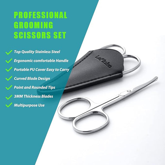 Facial Hair Small Grooming Scissors For Men Women - Eyebrow, Nose Hair, Mustache, Beard, Eyelashes, Ear Trimming Kit - Curved and Rounded Safety Tip Clippers For Hair Cutting 2PCS With Cover Sliver
