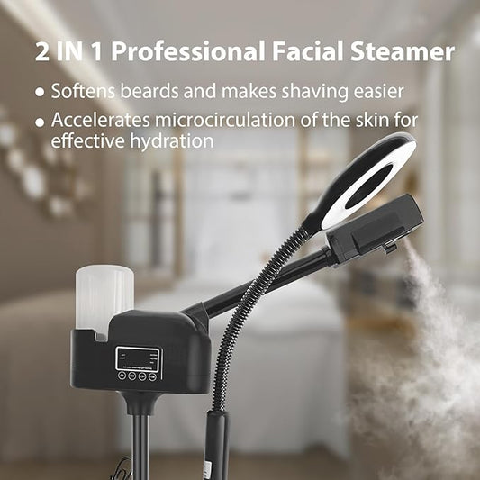Professional Facial Steamer 2 in1 Steamer for Face 5X LED Magnifying Lamp Hot Ozone Facial Steamer for Esthetician Beauty Face Equipment Use at Home or Salon（Black）