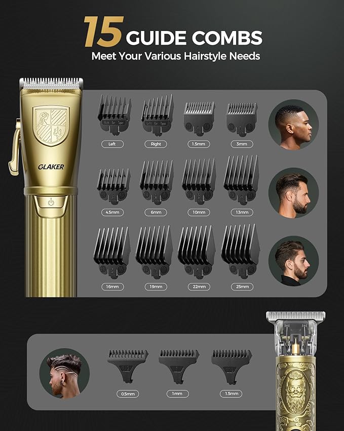 GLAKER Hair Clippers for Men,Professional Mens Hair Clippers Cordless Clippers for Hair Cutting,Precision Trimmer Kit Zero Gap Trimmer with LED Display 15 Guide Combs (Gold)