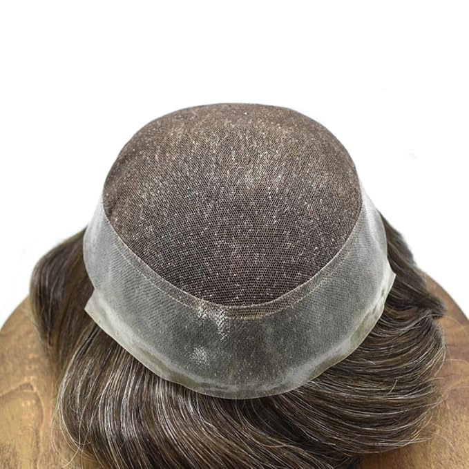 Toupee for Men French Lace Center Human Hair Replacement Systems Transparent Lace Center Hair Piece Mens Toupee Hair Units for Man V-Looped Front 8"X10" #340 3# DARK BROWN WITH 40% SYNTHETIC GREY