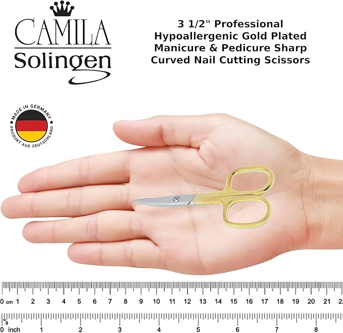 CS02 3 1/2" Professional Hypoallergenic Gold Plated Manicure & Pedicure Sharp Curved Nail Cutting Scissors. Made of Durable Stainless Steel in Solingen, Germany