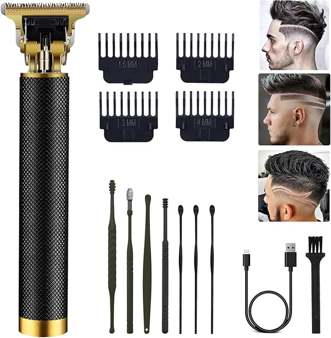 Professional Cordless Hair Clipper and Trimmer for Men, T Blade Zero Gapped Rechargeable Beard Shaver, Hair Cutting Kit With Ear Spoon Tool Set, Black