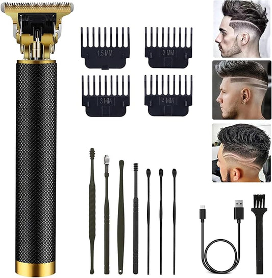 Professional Cordless Hair Clipper and Trimmer for Men, T Blade Zero Gapped Rechargeable Beard Shaver, Hair Cutting Kit With Ear Spoon Tool Set, Black
