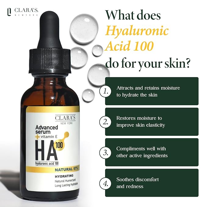 CLARA'S NEW YORK Hyaluronic Acid 100 Facial Serum with Vitamin E – Hydrating, Plumping & Anti-Aging Face Serum – Made in USA 30ml / 1 Fl Oz