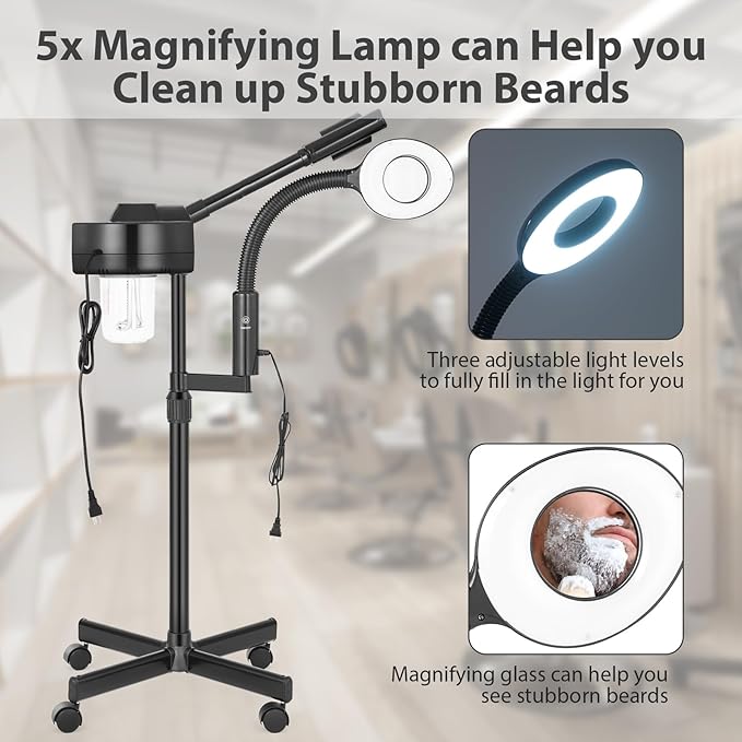 Professional Facial Steamer 2 in1 Steamer for Face 5X LED Magnifying Lamp Hot Ozone Facial Steamer for Esthetician Beauty Face Equipment Use at Home or Salon（Black）