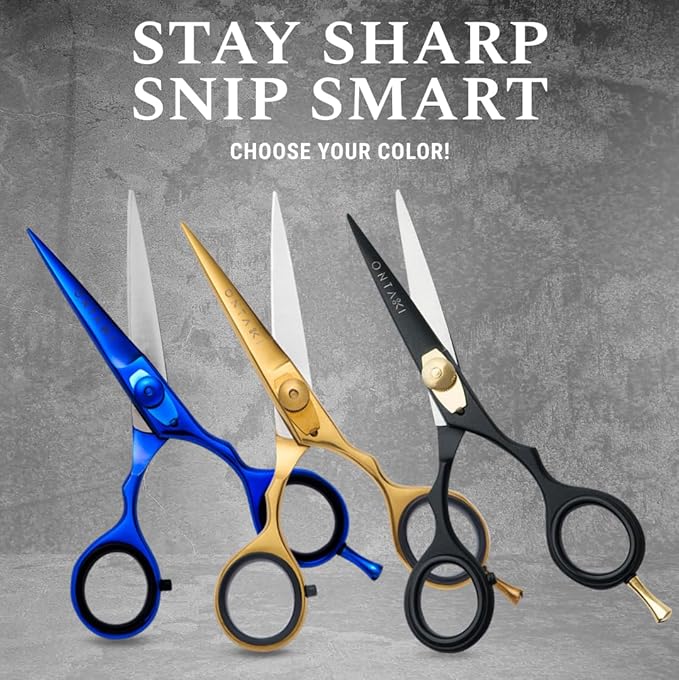 Ontaki Japanese Steel Beard & Hair Scissors - Safe Rounded Tips & Mustache Comb - Ergonomic Grip Beard Scissors for Men - Professional Craftsmanship Barber Shears - Midnight Blue, 5.5"