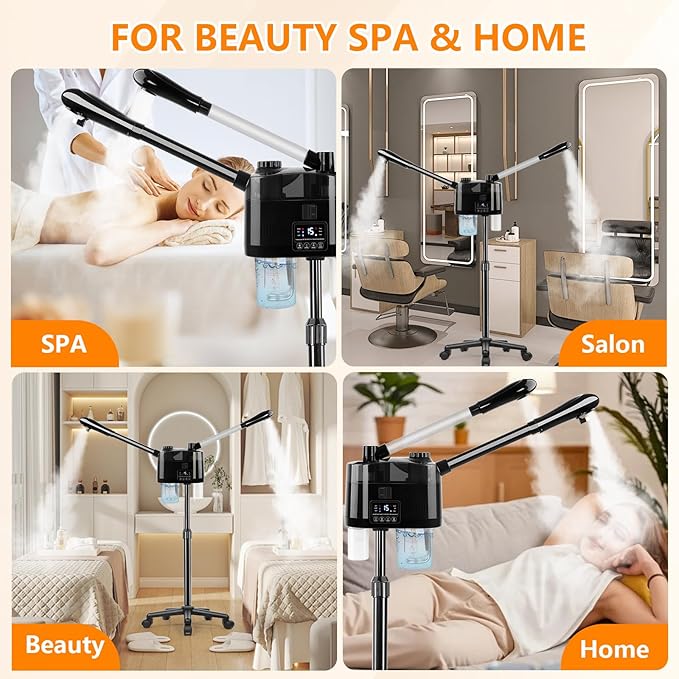 Professional Facial Steamer with Ozone and Hot & Cold Mist, Esthetician Steamer on Wheels, Face Humidifier for Facial Deep Cleaning, Digital Facial Steamer for Home and Salon, Black