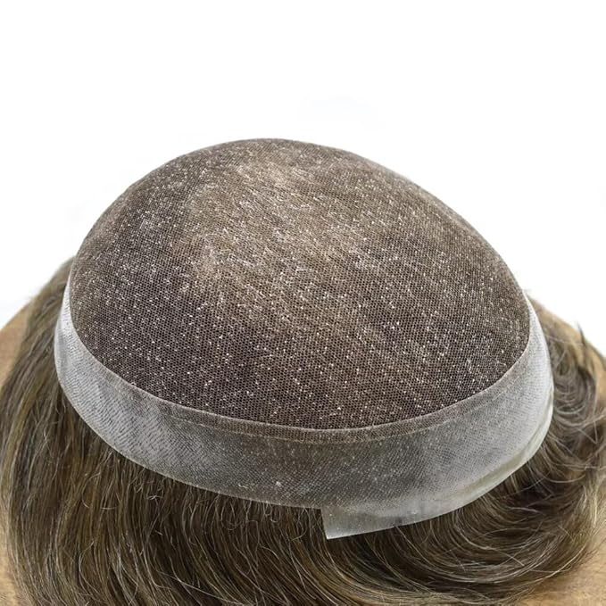 FACE MIRACLE French Lace Mens Toupee Human Hair System Lace Center Toupee for Men Thin Skin PU Around Hair Replacement System V-Looped Mens Hair Wig 6"X8" #520 5# MEDIUM LIGHT BROWN WITH 20% GREY