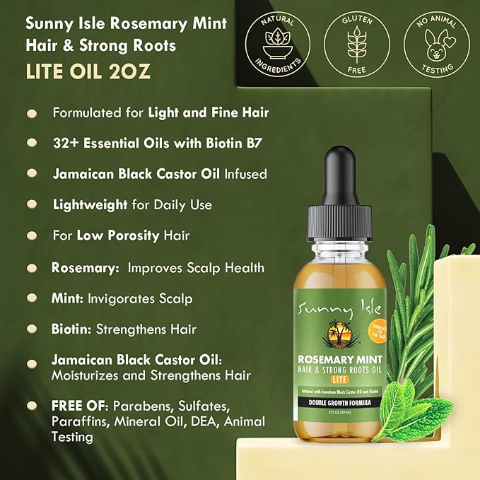 Sunny Isle Rosemary Mint Hair and Strong Roots Oil Lite 2oz | For Light, Thin Hair | Infused with Biotin & Jamaican Black Castor Oil | Nourish Hair Follicles | Dry Scalp, Split Ends