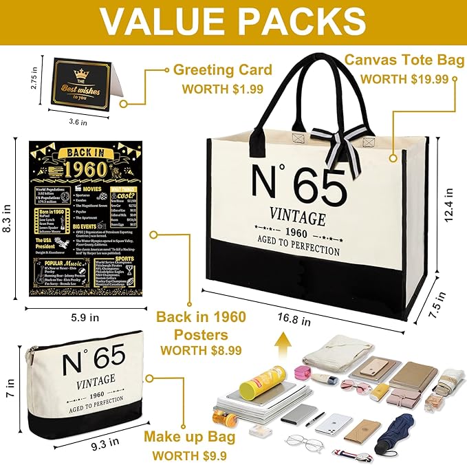 65th Birthday Gifts for Women Canvas Tote Bag Travel Gear, Unique 65 Years Old Gifts for Wife Sister Mom Aunt Friends Her, Vintage N°65 Handbag & Cosmetic Bag & Back in 1960 Poster