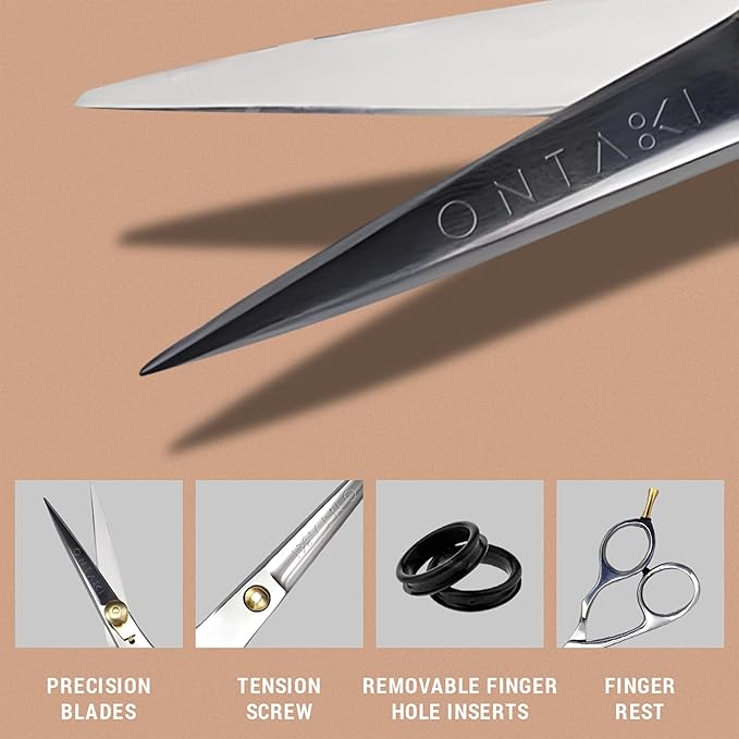 Ontaki Hair Scissors for Beard & Mustache - 5.5" 420C Japanese Steel, Silver, Right Hand - Hand-Forged Hair Cutting Scissors with Ergonomic Handles - Includes Beard Comb with Handle & PU Leather Pouch